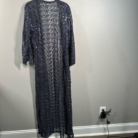 Open knit crochet sequin navy blue open front floor length duster cardigan jacke - Picture 9 of 9